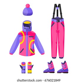 Set of skiing, snowboarding outfit - jacket, pants, gloves, boots, beanie hat, flat vector illustration isolated on white background. Flat vector set of skiing, snowboarding clothing, garment, outfit