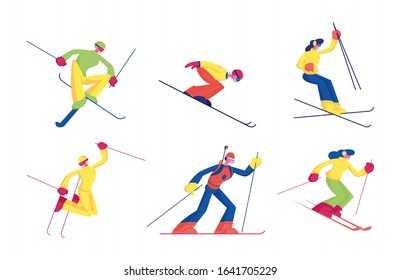 Set of Skiing Sport Activity Isolated on White Background. Male and Female Characters in Sports Wear Training, Take Part in Tournament, Competition. Winter Time Resort. Cartoon Vector Illustration