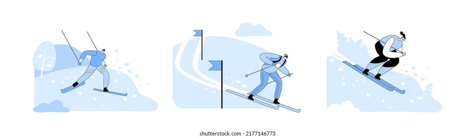 Podrá Esquiar Deportes De Invierno, Tiempo De Repuesto Al Aire Libre. Los personajes usan un cálido disfraz deportivo y gafas cayendo por los esquíes en segundo plano con pista de nieve y banderas. Ilustración de vectores de personas de caricatura