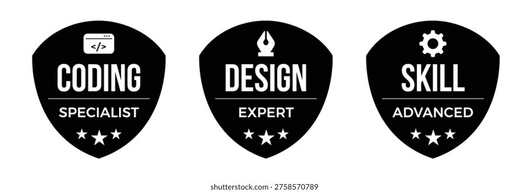 Set of Skill or Mastery badge collection. Coding specialist, design expert, skill advanced.