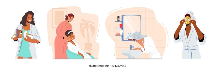 Set Skin Care and Beauty Procedures at Home. Female Characters Applying Cosmetics for Face Moisturizing. Girl with Mask and Cucumber Slices on Eyes, Facial Massage. Cartoon People Vector Illustration