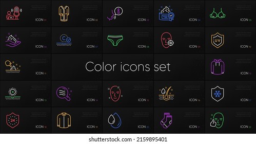 Set of Skin care, Collagen skin and Panties line icons. Include Uv protection, Socks, Healthy face icons. Bathrobe, Shirt, Bra web elements. Cream, 24 hours, Oil drop. No sun, Serum oil, Hoody. Vector