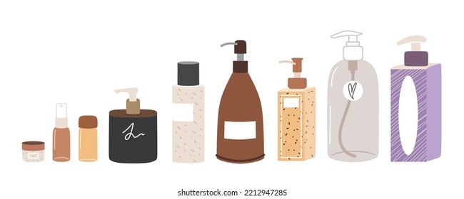 Set skin care containers : bottles with spray, dispenser and dropper, cream jar, tube, rock pattern bottle. Simple flat vector design for mock ups and promotional packages