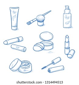 Set of skin care and cosmetic objects: moisture cream, anti age lotion, powder, lip stick, mascara and brushes. Hand drawn blue line art cartoon vector illustration. 