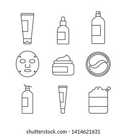 Set of skin care and cosmetics icons. Cleansing foam, face cream, serum, toner, mask, eye patch, eye cream. Outline style. Vector illustration.