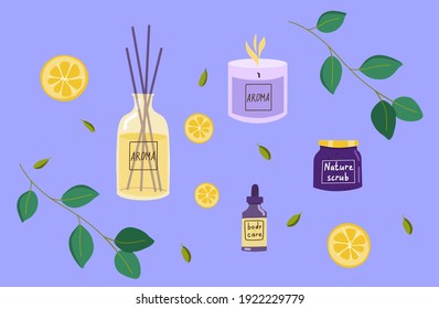 set for skin care with jars and oils, scrub, odor diffuser and lemon branches.