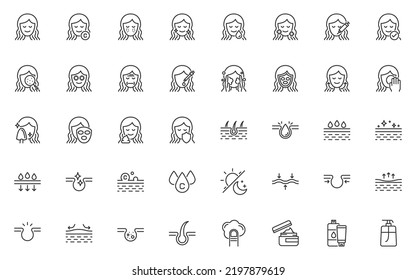 set of skin care line icons, skin, beauty