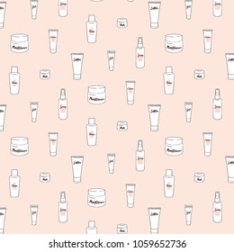 Set of skin care pattern with cream, lotion, gel, toner, spray, mask, moisturizer. Packaging pot on pink background. Hand drawn vector illustration.White plastic cosmetic jar product.