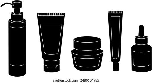 Set de productos para el cuidado de la piel. Paquete de cosméticos y artículos de maquillaje en botellas, tubos y tarros. Rutina de belleza. Silueta de piel negra.