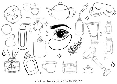 Set von Hautpflegeprodukten. Bündel von Kosmetika und Make-up-Artikel in Flaschen, Tuben und Gläsern. Schönheitsroutine. Schwarze Hautpflege Silhouette.
