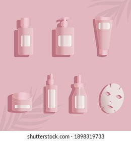 Set of skin care products. Lotion, serum, cream, tonic, oil, fabric mask. Fashionable beauty elements on a pink background with tropical leaves. The procedure of cleansing, moisturizing, toning.