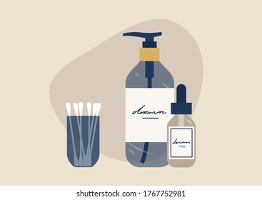 A set of skin care routine products, design packaging, cotton swabs, serum and body lotion, beautiful glass bottles