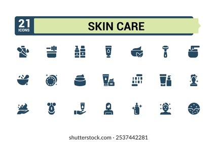 Conjunto de ícones sólidos de Skin Care. Inclui anti sólido plano, wom, acne, cabelo, conjunto, dermatologia, plano, rosto. Conjunto de pictogramas cheios. Ilustração vetorial.