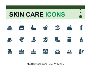 Conjunto de ícones sólidos de Skin Care. Inclui anti sólido plano, wom, acne, cabelo, conjunto, dermatologia, plano, rosto. Conjunto de pictogramas cheios. Ilustração vetorial.