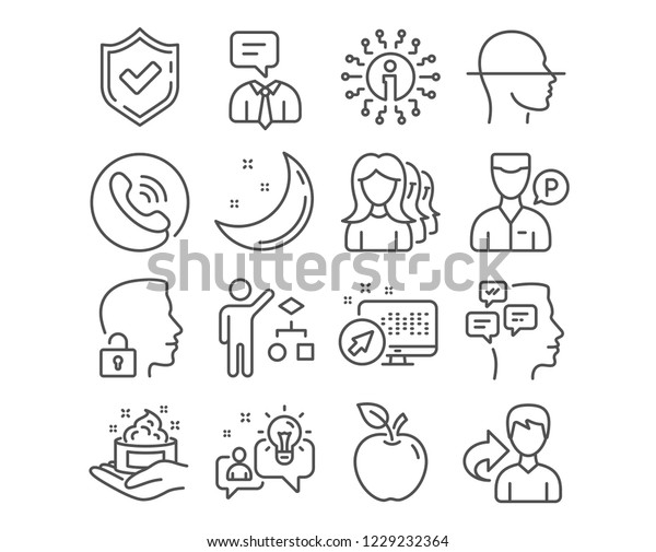 Set of Skin care, Unlock system and Idea icons.\
Valet servant, Women headhunting and Algorithm signs. Messages,\
Face scanning and Support service symbols. Hand skin cream, Access\
granted. Vector