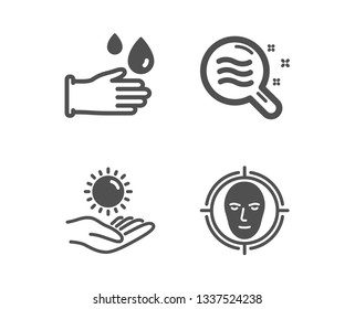 Set of Skin condition, Sun protection and Rubber gloves icons. Face detect sign. Search magnifier, Ultraviolet care, Hygiene equipment. Select target.  Classic design skin condition icon. Flat design