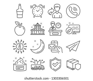 Set of Skin cream, Presentation time and Messenger mail icons. Paper plane, Truck delivery and Circus signs. Delivery insurance, Alarm clock and Scotch bottle symbols. Vector