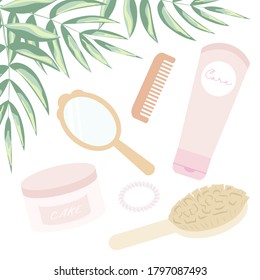 A set of skin and hair care products. Face cream, hand cream, comb, brush, mirror. Isolated vector icons.