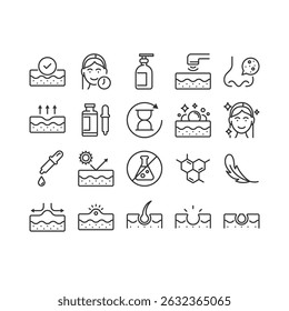 set of skin icons, epidermis, skincare, moisture