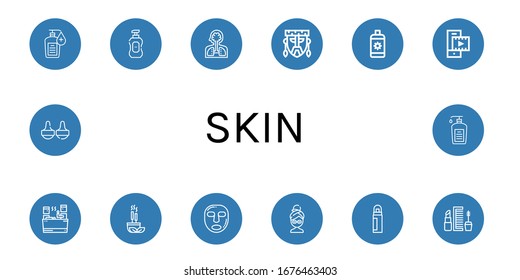 Set of skin icons. Such as Hand sanitizer, Liquid soap, Human organs, Mask, Sun cream, Video player, Sauna, Incense, Facial mask, Deodorant, Makeup, Massage , skin icons