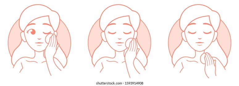 
Set of skincare icons. Girl cleaning her face with cotton pad. Beauty concept. Stages of skincare.