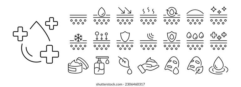 Set of skincare icons. Illustrations representing various aspects of skincare routine and products such as cleanser, moisturizer, sunscreen, face mask, exfoliator, serum, eye cream, and more.