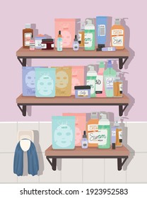 set of skincare icons on a shelf inside of a bathroom vector illustration design