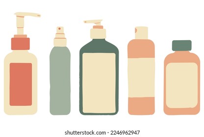 Set of skincare isolated objects: bottles with dispenser for lotion, foam, cream, liquid soap, etc. Hand-drawn cosmetic product pack with lettering. Flat vector illustration