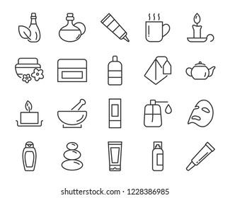 Set Of Skincare Line Icons, Facial Sun Block Icon, Facial Mask