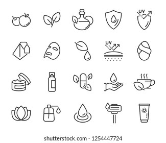 Set Of Skincare Line Icons, Facial Sun Block Icon, Facial Mask