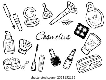 Set of Skincare and Make-up products. Beauty and Cosmetic doodle icons collection. Vector illustration.