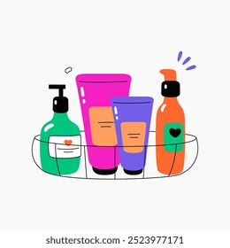 Conjunto de productos para el cuidado de la piel en Ilustración vectorial plana que simboliza el cuidado personal, la higiene y la rutina de belleza, aislados sobre fondo blanco