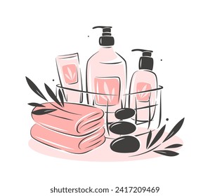 Conjunto de productos para el cuidado de la piel. Productos cosméticos naturales en botellas, tubos. Logo para una tienda de cosméticos para cuidados corporales y capilares o salón de belleza, spa. Ilustración del vector