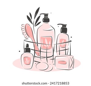 Conjunto de productos para el cuidado de la piel. Productos cosméticos naturales en botellas, tubos. Logo para una tienda de cosméticos para cuidados corporales y capilares o salón de belleza, spa. Ilustración del vector