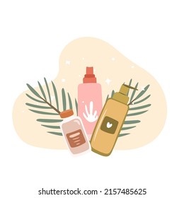 Set of skincare products with plant in background. Flat vector beauty illustration