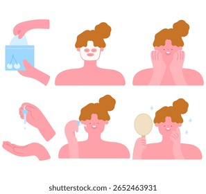 conjunto de rotina de cuidados da pele com a mulher aplicando máscara, massagem facial e usando soro
