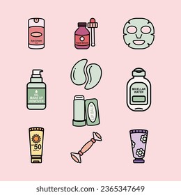Set of Skincare And selfcare Cute Flat Line Illustration
