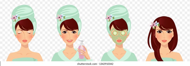 Set of Skincare Stages Isolated on Transparent Background. Girl Care and Protect Face with Various Actions. Treatment, Applying Mask, Makeup Cosmetic. Cartoon Flat Vector Illustration, Icon, Clip art