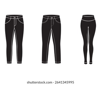 set of skinny jeans,legging, jeans sketch icon silhouette vector illustration isolated on white
