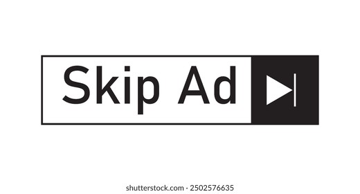 Conjunto de Botón de Vector negro Skip ad. Conjunto de Botón de salto, icono de publicidad negro. Omitir Botón de anuncios. Anuncio de salto de Botón negro para Sitio web. Icono de Vector.