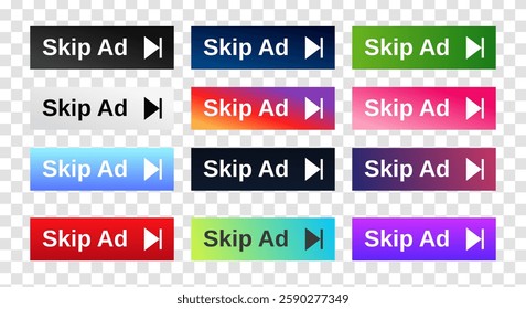 set of skip ad buttons icon design with different color. vector