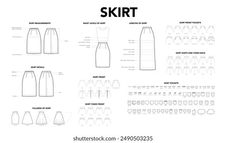 Set of Skirt details diagrams - Length, Measurement, Fullness, Pockets on pants styles technical fashion illustration. Flat apparel template front, back view. Women, men unisex CAD mockup isolated