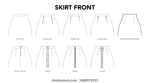Set of Skirt front styles - Flat, Single Dart, Double Pleat, Button Closure, Placket, Zipper technical fashion illustration. Flat apparel template front view. Women, men unisex CAD mockup isolated