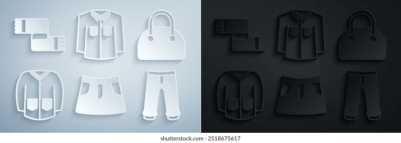 Set Skirt, Handbag, Sweater, Pants, Shirt and Winter scarf icon. Vector