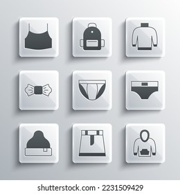 Set Skirt, Hoodie, Men underpants, Beanie hat, Bow tie, Female crop top and Sweater icon. Vector