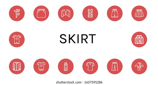 Set of skirt icons. Such as Traditional dance, Skirt, Coat, Clothes, Trousers, Cardigan, Baby clothes, Overall, Blouse , skirt icons