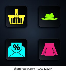 Set Skirt, Shopping basket, Envelope with an interest discount and Man hat with ribbon. Black square button. Vector