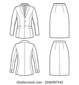 Set Of Skirt Suit With Classic Jacket Technical Fashion Illustration With Two - Piece, Single Breasted, Fitted Body. Flat Apparel Template Front, Back, White Color Style. Women, Men, Unisex CAD Mockup