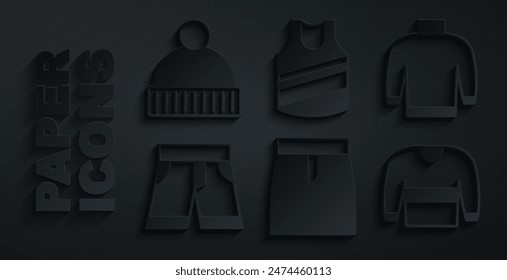 Set Skirt, Sweater, Short or pants, Undershirt and Beanie hat icon. Vector