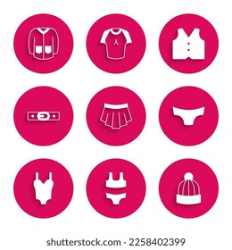 Set Skirt, Swimsuit, Winter hat, Men underpants, Belt, Waistcoat and Sweater icon. Vector